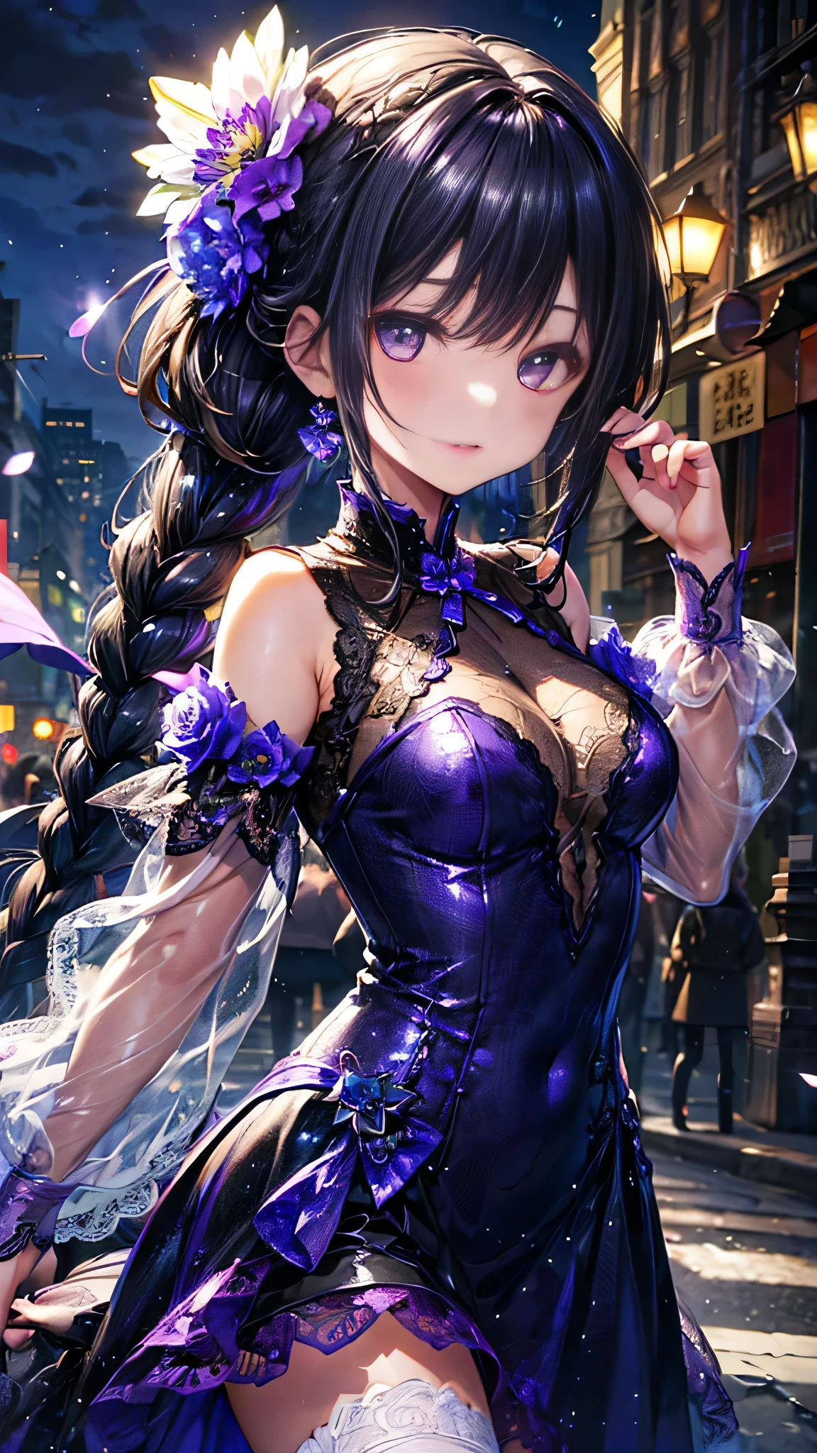 (Shiny purple long sleeve dress、)(((Flared flower lace see-through)))、black braids、(Hair tied back)、White Beauty