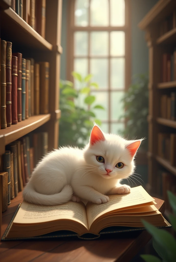 A beautiful white small cat secretly reading books in library.