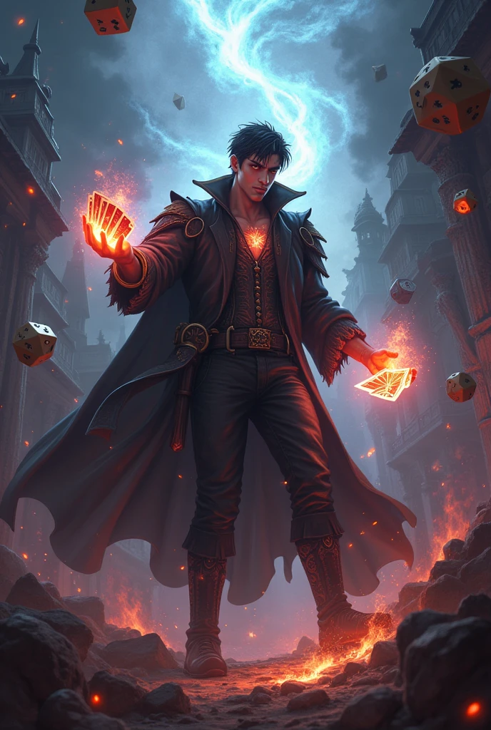 A dramatic and epic scene of a character named Hector, a card dealer with a mysterious aura, standing in a dynamic, chaotic environment where elements of luck, chance, and randomness swirl around him. He is holding a deck of cards glowing with energy, while the background features a mix of Western and medieval elements—dice, cards, and symbols of fortune fly around in a whirlwind. The atmosphere is intense, with dark and moody colors, neon highlights, and an ethereal light casting a shadow over Hector, emphasizing his power. Hector's expression is one of confidence and focus, capturing the moment of his 'domain expansion' where he unleashes his full power in fantasy, rpgart style
