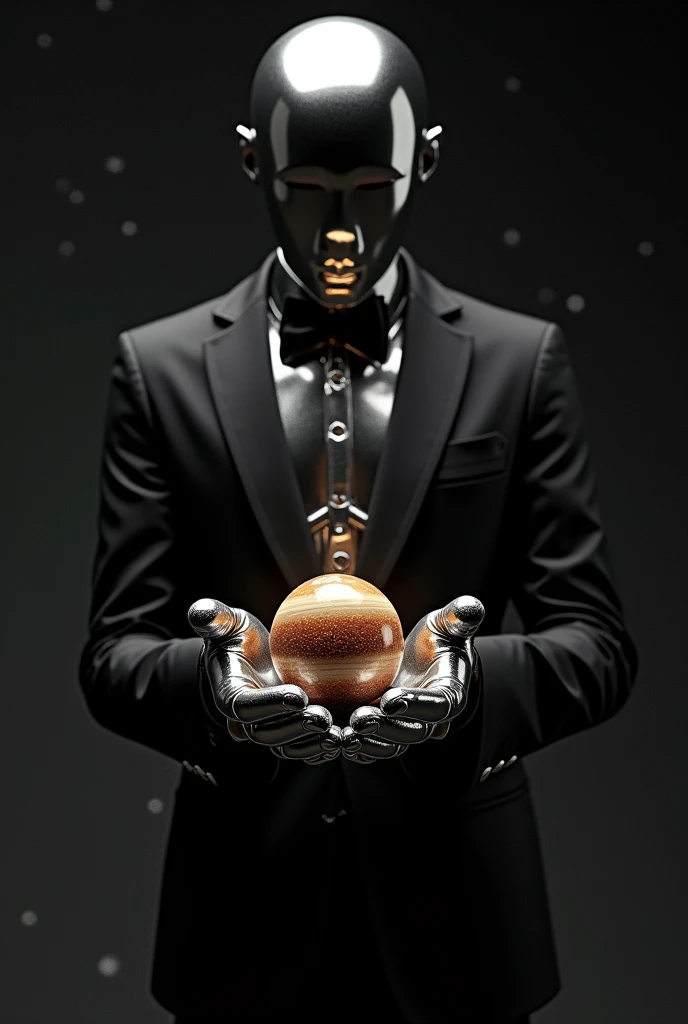 A humanoid figure made of shiny metal, no facial features or hair, wearing a black tux and cotton gloves. In the middle of space holding a solar system in its hands
