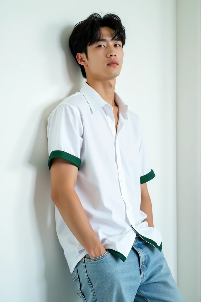 Realistic photo of a 22 year old Korean boy, neck length straight black hair, cute and very pretty face, thick lips, squashing eyes, Muscular and strong body, kpop idol, wearing a white shirt with green trim on the short sleeves tucked into loose baggy jeans, making hand gestures, leaning against the white wall with noises, posing to photo, POST for Instagram