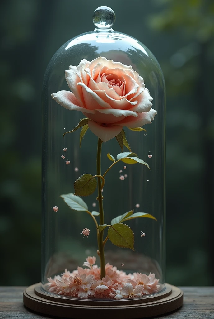 Faded eternal rose with falling petals under bell jar