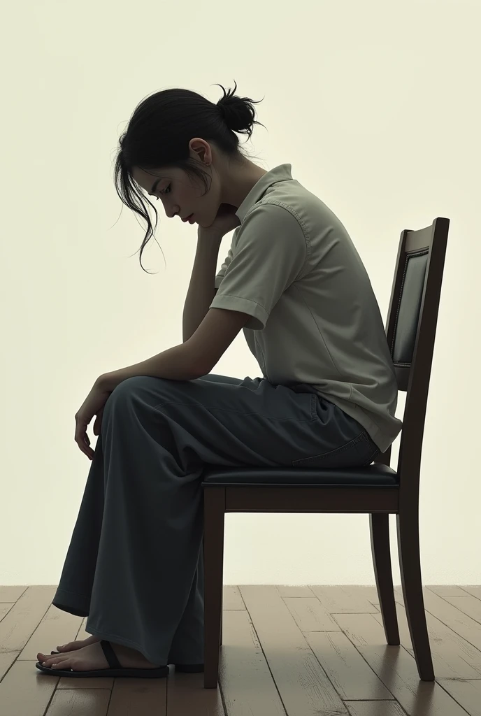 PERSON SITTING IN A CHAIR WITH THEIR RIGHT ARM HUGGED FORWARD ON THEIR LEG