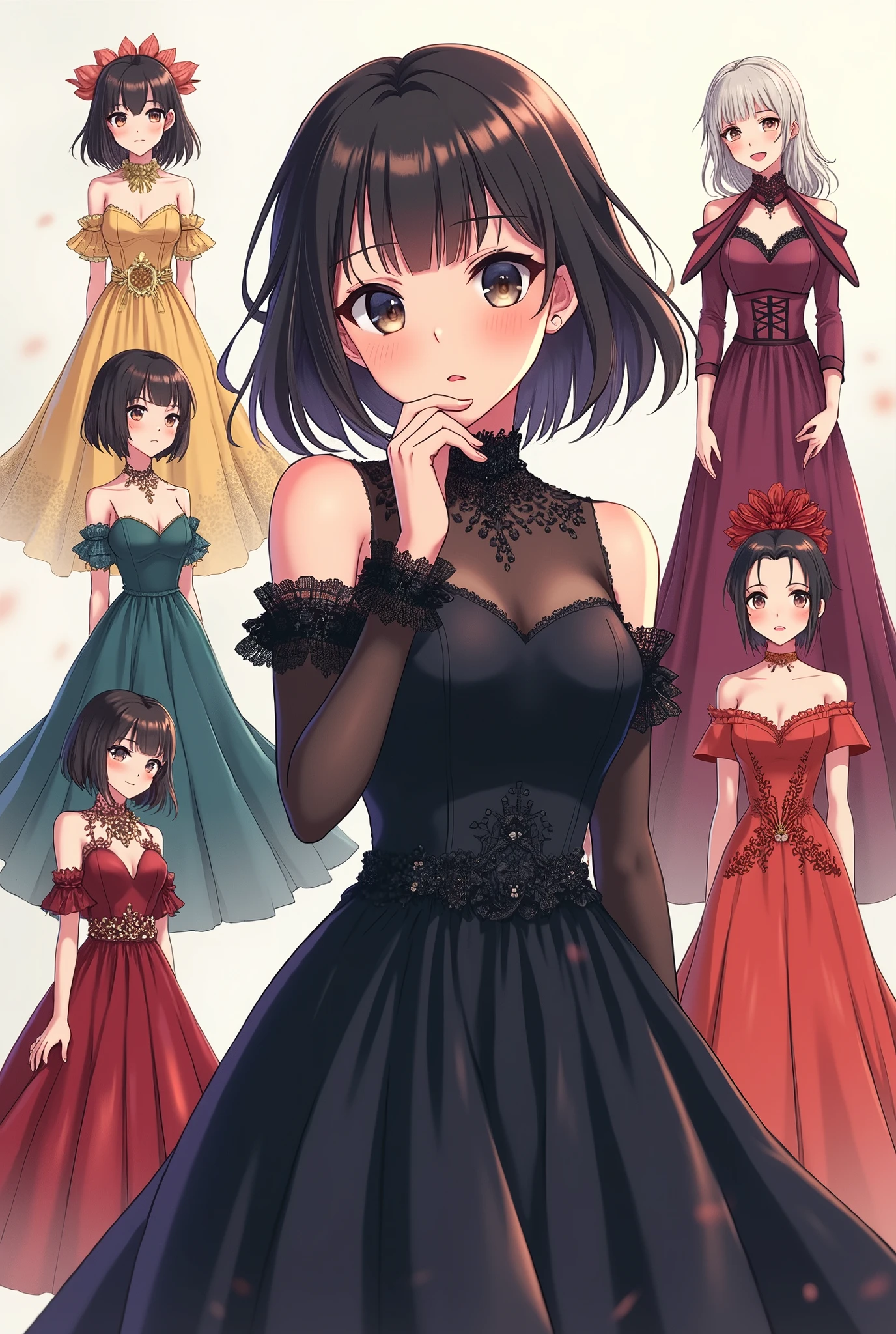 Close up portrait of people in dresses in different poses, Anime illustration by Ogura Yuuki, Topics on pixiv, Conceptual Art, Anime girl in a black dress, Girl cartoon character design, Anime Character Reference Sheet, whole body!!,  In a dress, Anime Character Design, best Anime Character Design, anime whole body illustration, single character whole body