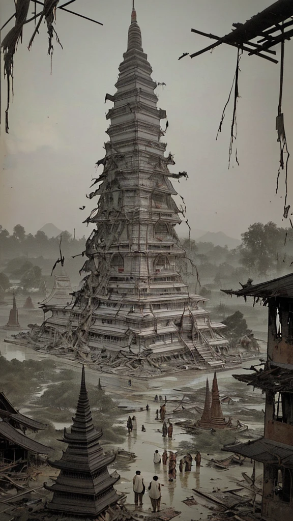 "A rare, faded, and blurry old-style image of Thai villagers from the Bangkok period standing near the wreckage of a massive, heavily damaged UFO that is partially embedded into the ground. The UFO is intricately detailed with a futuristic design, appearing almost ancient in its decay. In the background, traditional Thai architecture with tall pagodas adds a historical contrast. The villagers, dressed in traditional Bangkok attire, stand solemnly, looking towards the wreckage. The image has a worn, cracked, and aged appearance, as if it were an old photograph, with desaturated and muted colors."