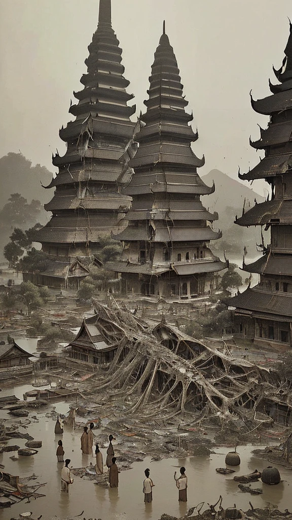 "A rare, faded, and blurry old-style image of Thai villagers from the Bangkok period standing near the wreckage of a massive, heavily damaged UFO that is partially embedded into the ground. The UFO is intricately detailed with a futuristic design, appearing almost ancient in its decay. In the background, traditional Thai architecture with tall pagodas adds a historical contrast. The villagers, dressed in traditional Bangkok attire, stand solemnly, looking towards the wreckage. The image has a worn, cracked, and aged appearance, as if it were an old photograph, with desaturated and muted colors."