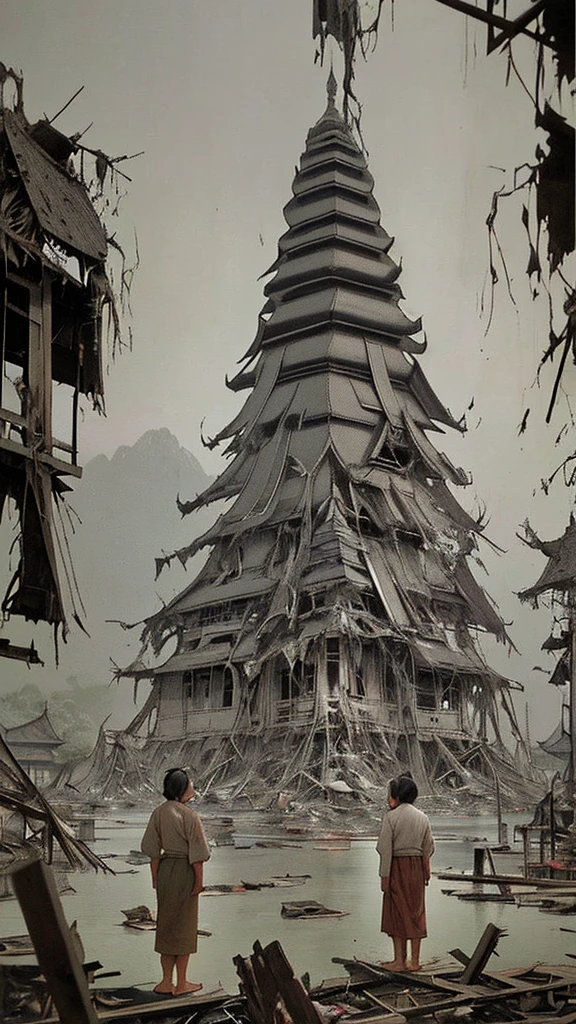 "A rare, faded, and blurry old-style image of Thai villagers from the Bangkok period standing near the wreckage of a massive, heavily damaged UFO that is partially embedded into the ground. The UFO is intricately detailed with a futuristic design, appearing almost ancient in its decay. In the background, traditional Thai architecture with tall pagodas adds a historical contrast. The villagers, dressed in traditional Bangkok attire, stand solemnly, looking towards the wreckage. The image has a worn, cracked, and aged appearance, as if it were an old photograph, with desaturated and muted colors."