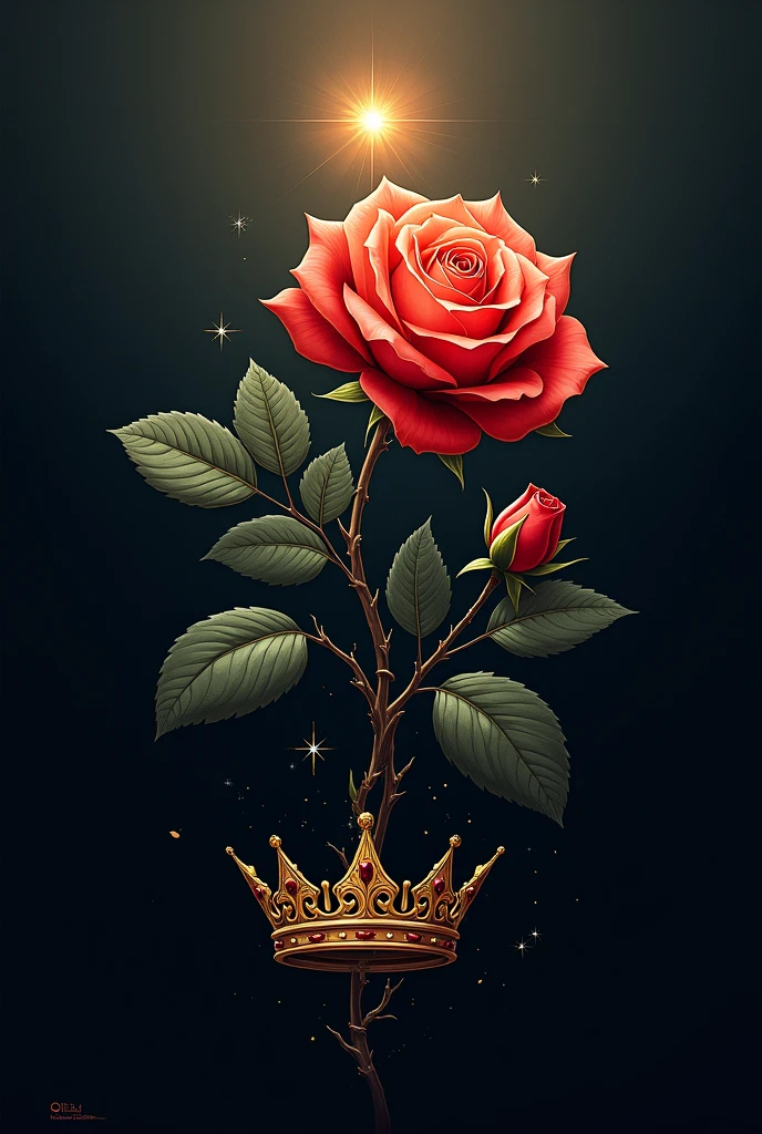 Create an image logo that represents the theme of a poem, focusing on the contrast between genuine empowerment and the misuse of power. The logo should feature a dark, thorny rose symbolizing deceit and harm, with sharp thorns prominently displayed. Intertwined with it should be a bright, blossoming rose that represents true empowerment and virtue, radiating light and hope. The background should transition from shadowy darkness near the dark rose to bright light near the bright rose. Incorporate a broken crown at the base of the dark rose to symbolize the misuse of authority, and a small, shining star hovering above the bright rose to signify true leadership. The overall design should be elegant yet somber, balancing light and dark elements.