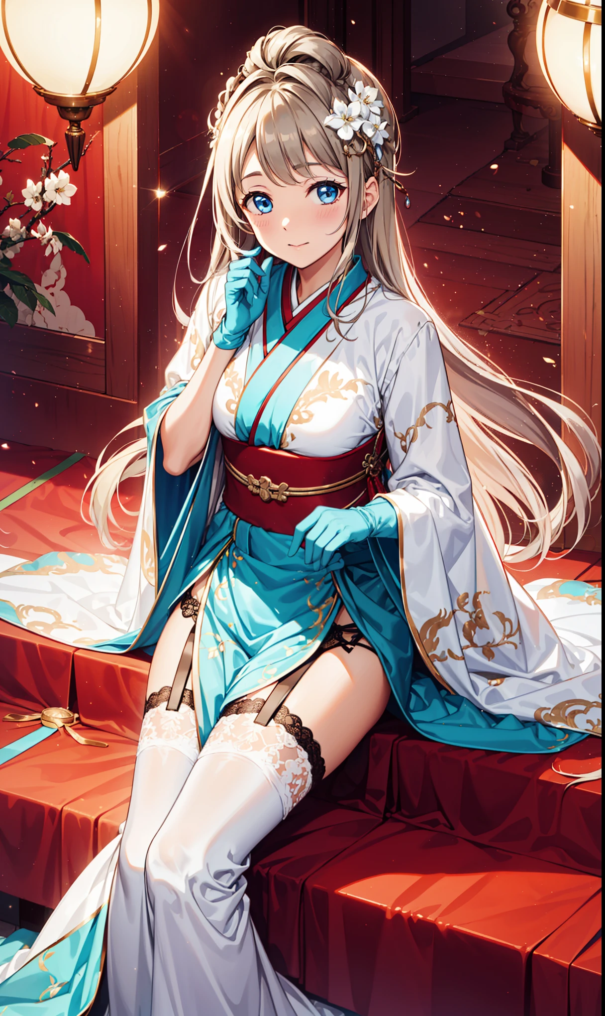 Top quality，best quality，Saint Elegant Charm，happiness，Gentle expression，in love，(Transparent colored Hanfu，Exquisite and gorgeous design)，Black Gloves，Silver Hair，blue eyes，See through transparent clothes，Exquisite hair accessories，Transparent lace，Engraving pattern，Dress nicely，In the background is an old Chinese palace，Inside the hall，Elegant Posture，night，(Long garter belt:1.1），Super super detailed，Delicate and beautiful face and eyes