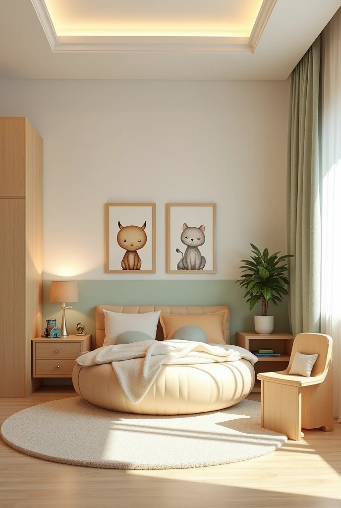 Professional 3d architecture rendering design of modern and light moss and so light Thunder and light cream and light orange wooden Modern and minimal design for chid bedroom and light cream carpet with animals painting and white painting wall and light wooden closet with animals painting and modern ceiling lighting and modern curtains for chid room and the child bed similar globe and safety chair for chid and many toys