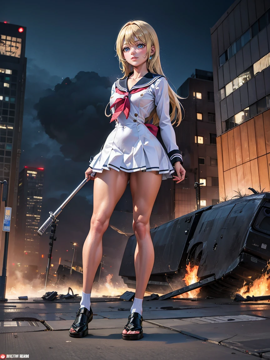 (Giantess Elements, High resolution, high quality, Accurate body structure, Detailed body), Japanese girl, Sailor suit, Towering Giant Girl, Looking up at a woman approaching from below, giant attacks city, cute, girl Destroy a small town, Destroy a small town, Naughty look, Japanese, White skin, smile, trampling buildings, rubble, Burning Small Town, destroyed small building, Collapsed highway, Cars are crushed, Evacuation of residents, sunset, Burning Small Town, please, walk, Trampling, Anatomically correct, Accurate human body, Accurate skeleton, Full body portrait, blue eyes, rubble scattered at feet, Higher than skyscrapers, Major impact, wonderful, Giantess Elements, Draw a woman in a big way, The rise of disruptive factors, making city smaller, rampage, city, building,