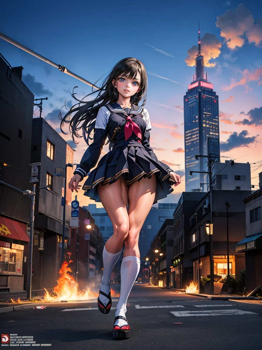 (Giantess Elements, High resolution, high quality, Accurate body structure, Detailed body), Japanese schoolgirl, Sailor suit, Towering Giant Girl, Looking up at a woman approaching from below, giant attacks city, cute, girl Destroy a small town, Destroy a small town, Naughty look, Japanese, White skin, smile, trampling buildings, rubble, Burning Small Town, destroyed small building, Collapsed highway, Cars are crushed, Evacuation of residents, sunset, Burning Small Town, please, walk, Trampling, Anatomically correct, Accurate human body, Accurate skeleton, Full body portrait, blue eyes, rubble scattered at feet, Higher than skyscrapers, Major impact, wonderful, Giantess Elements, Draw a woman in a big way, The rise of disruptive factors, making city smaller, rampage, city, building,