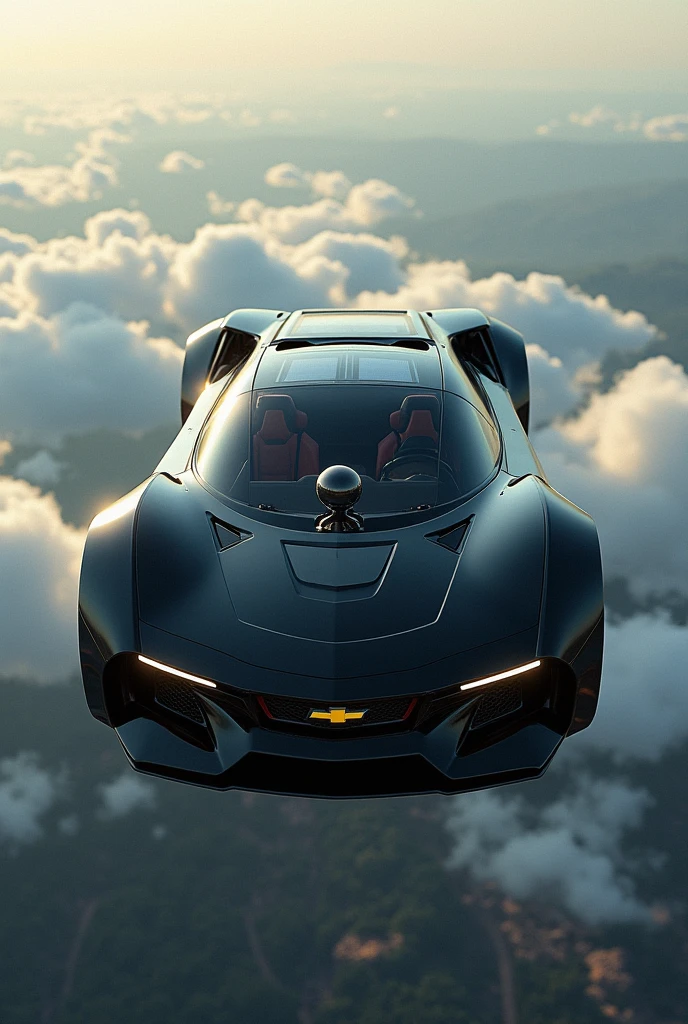 A Chevrolet car, In the black color, with eight seats, solar panels on the roof, leather in the upholstery, jet thrusters under the car, making it fly over, spherical steering wheel, watter cooler as cooling on the hood.
- No wheels - Eight seats - Higher ceiling
