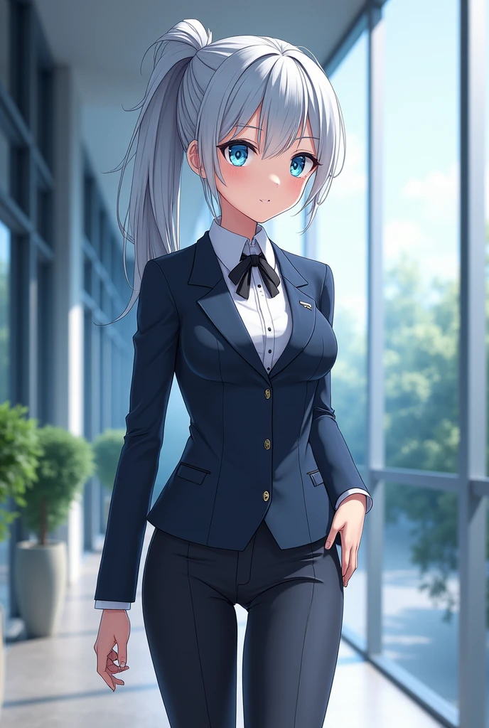 Generates a girl with silver hair and a ponytail and blue eyes with big thighs and a modern elegant uniform with a flada Anime version