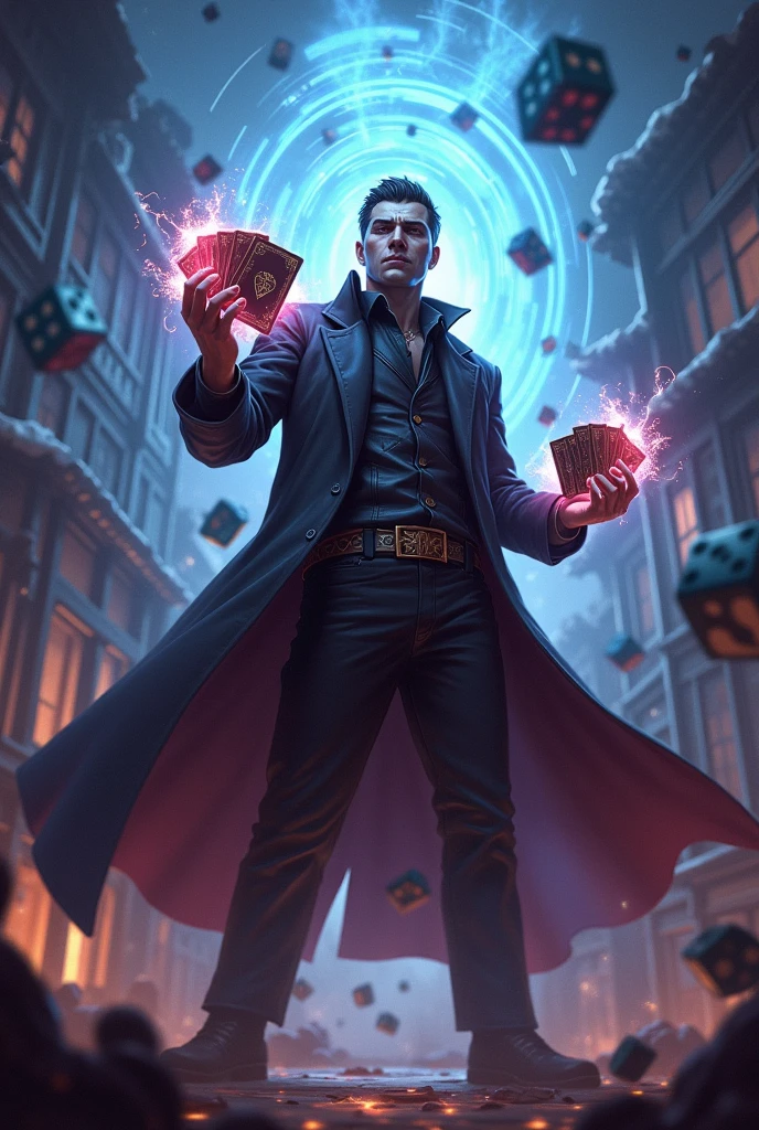 A dramatic and epic scene of a character named Hector, a card dealer with a mysterious aura, standing in a dynamic, chaotic environment where elements of luck, chance, and randomness swirl around him. He is holding a deck of cards glowing with energy, while the background features a mix of Western and medieval elements—dice, cards, and symbols of fortune fly around in a whirlwind. The atmosphere is intense, with dark and moody colors, neon highlights, and an ethereal light casting a shadow over Hector, emphasizing his power. Hector's expression is one of confidence and focus, capturing the moment of his 'domain expansion' where he unleashes his full power in fantasy, rpgart style