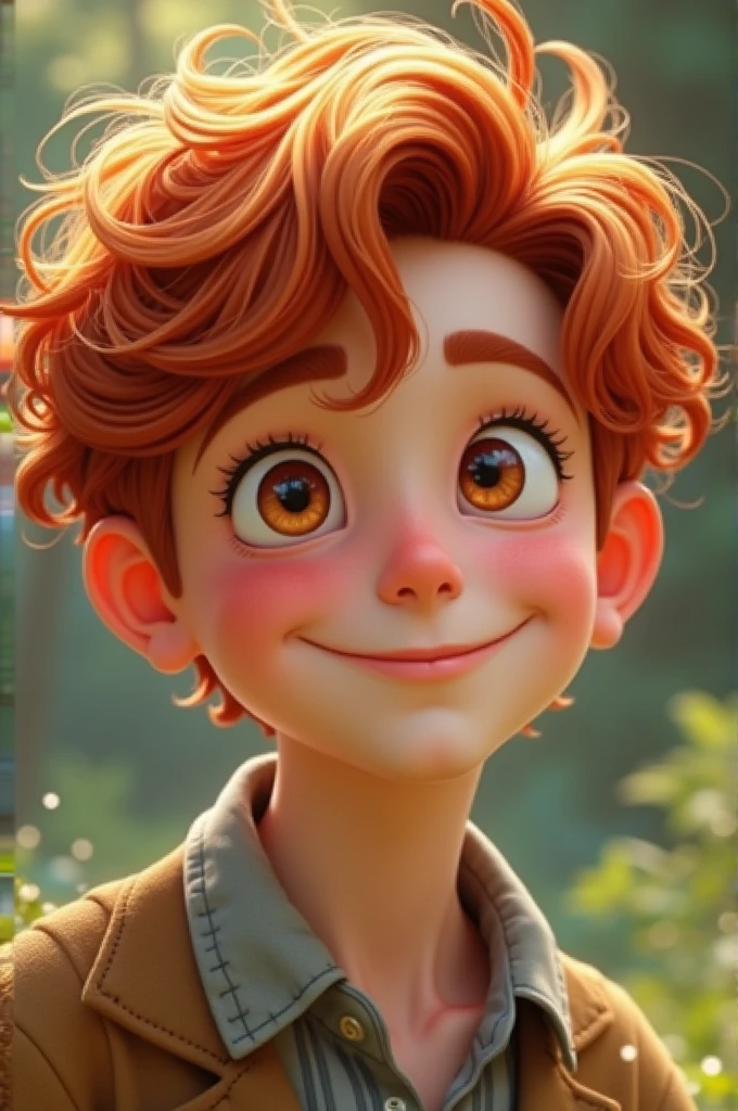 A red-haired boy,wavyhair, a nice smile, with light brown eyes, half pulled to the side, extremely pretty