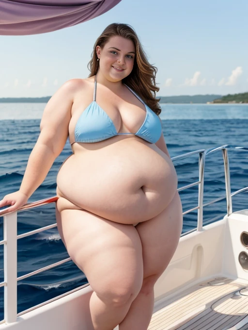 A backview photo of a Beautiful ginger BBW, with long wavy light Brownish-ginger hair, freckled body with big soft fat belly, thicc fat arms, thicc wide legs, small breasts, lot of freckles on arms, in a tight bikini standing on a Yacht looking to the water in a lake watching the sunset behind the hills