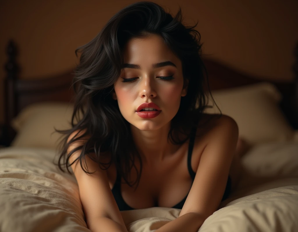 (hyperrealism, sharp images, photorealistic) (point of view from her thighs) (head to toe portrait), (highly detailed face:1.4), (highly detailed skin:1.4), (20 years old woman) (she has very black wavy hair, white skin) (breast size: 1.3), detailed hd beautiful dark green eyes, lips marked with red lipstick, flirtatious look, big light green eyes, bold black eye shadows, huge eyelashes, (wears 80's mafia style clothes with suspenders (in brown and cream colors, in sober tones) her clothes are translucent as lingerie) (She's stretched out on the bed sexily moaning with pleasure, eyes closed) (brown tones atmosphere)