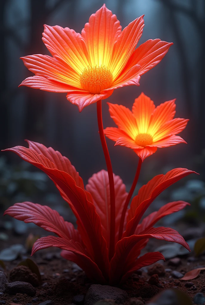 Name of the Plant: Nectafloris Pyrofilia Illustration: A shrubby plant about 2 meters tall, with robust branches and spiral-shaped leaves that are a deep red color. The flowers are big, approximately 20 cm in diameter, and they have thick petals that look like they are made of wax. These flowers emit a warm light and an orange glow when night falls., creating an incandescent effect in the environment
