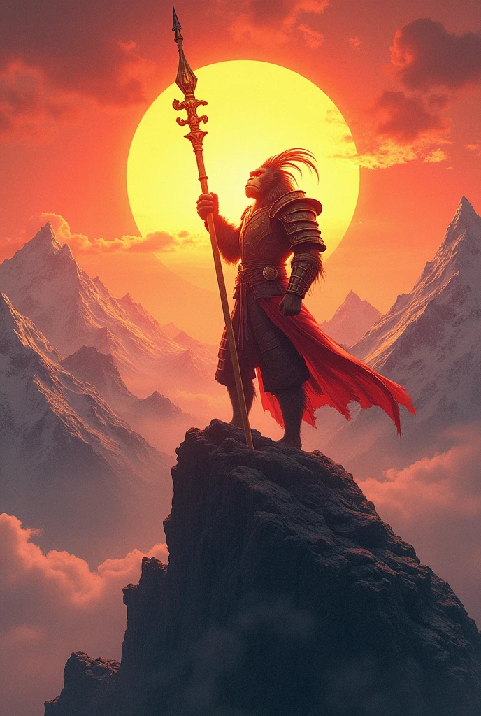 Sun Wukong stands on top of a mountain wearing samurai armor, raising his golden staff to the sky with a defiant look, In the background you can see a sunrise