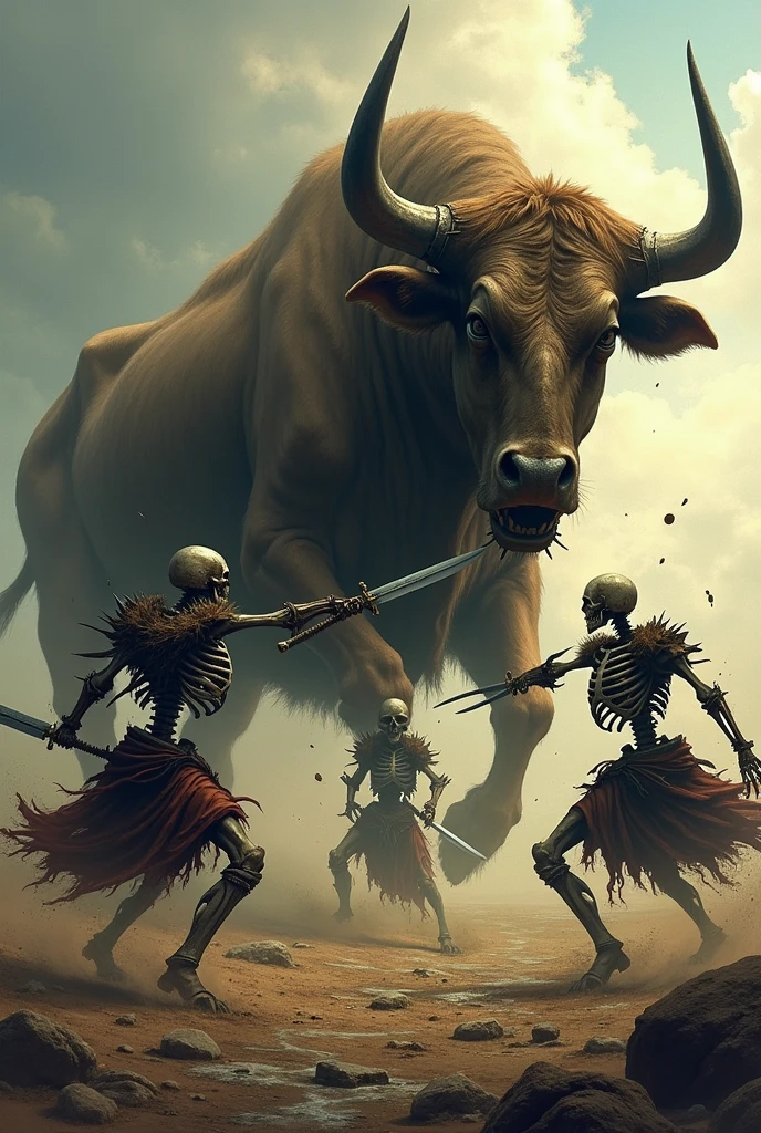 Three skeletons fighting a cow