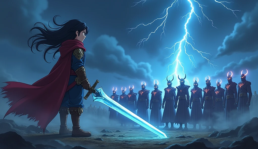 Here is a prompt for your request:
"A scene featuring a 10-year-old anime boy with long hair, standing on the left side with a big magic sword in his hand. The boy has a determined expression, ready for battle, with his hair flowing dramatically. He wears fantasy armor with glowing runes. On the right side, there are 10 enemies standing in a line, each with distinct fantasy battle gear. The environment is a dark, stormy battlefield with lightning in the background, adding intensity to the moment. The atmosphere is tense and full of energy, reflecting an epic battle about to unfold."