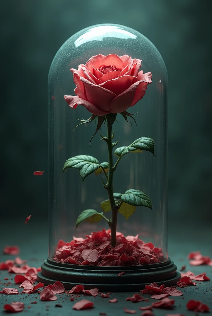 Ugly eternal rose with falling petals under glass
