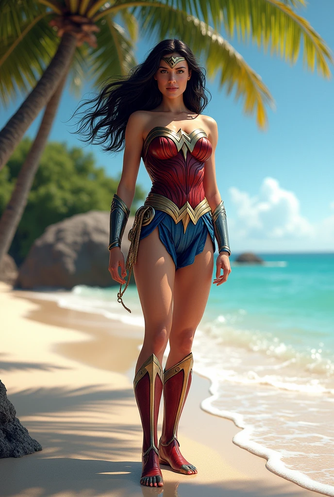 Sexy Wonder Woman on a beach with crystal clear water