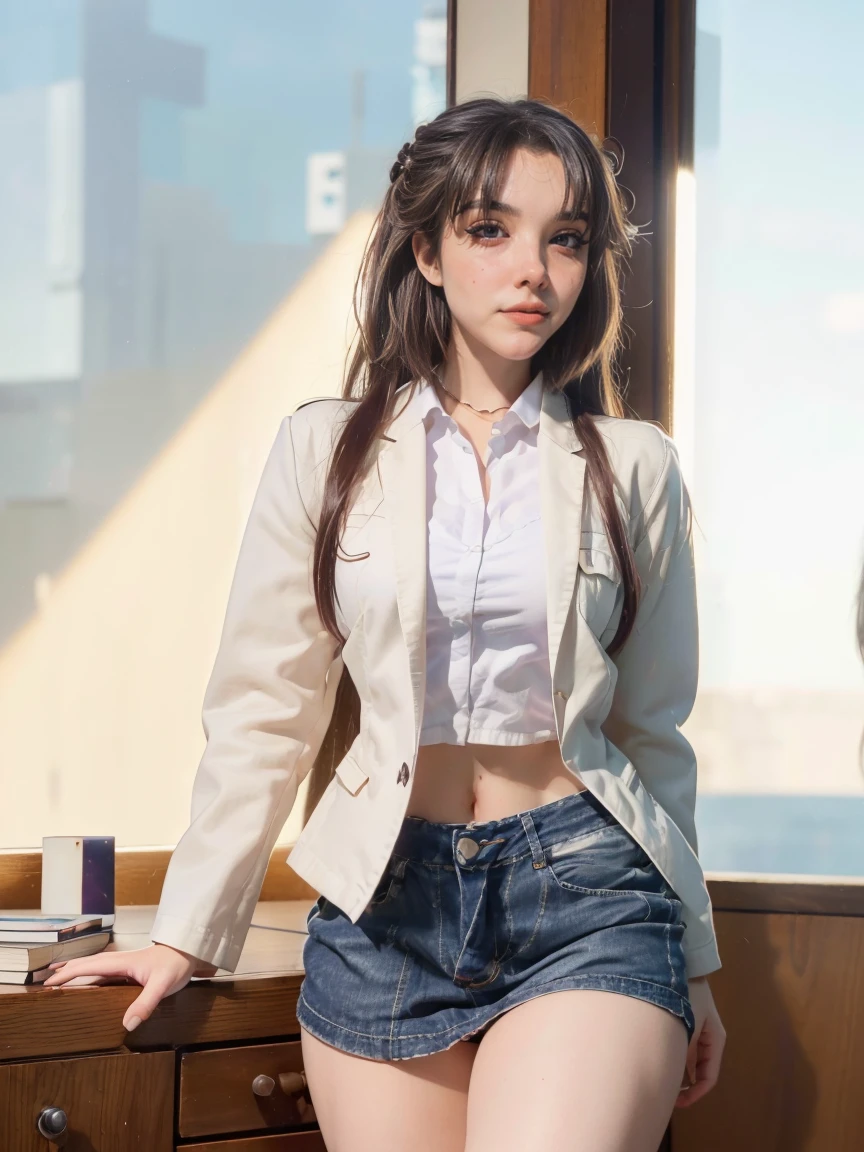 (1 lady), (Top Quality at its finest:1.4), (ultra - detailed), (extremely detailed CG unified 16k), A Beautiful Woman with Perfect Figure: 1.4, Sharp Focus: 1.2, very detailed, High-definition RAW color photo, professional photoshooting, amazing face and eyes, (amazingly beautiful girl), ((masterpiece)), realistic cinematic face, head to feet long wide zoomed out view, full body long view, photorealistic, ((highres)), ((detailed background)), sunset orange sky through window, (ichinose kotomi), gorgeous, extremely beautiful face, perfect model beauty, Highly Detailed Face and Skin Texture, Detailed Eyes, Double Eyelids, ((blue jean skirt, white shirt, blazer)), ((realistic natural purple hair style, purple eyes, mid long hair)), hair ornaments, Bethcast, library background, extremely detailed, blurred background, depth of field, cinematic lighting, amazing legs, high heels, clear and well-cared skin, athletic, big proportions body, looking at viewer, frontal view of the face, add details:1.5, Perfection in details: 1.5