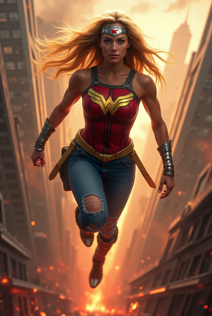 A beautiful woman with long blonde hair wearing a red and blue top with a yellow eagle-like emblem on her chest with ripped blue jeans, boots and gold bracelets, a silver headband with a red star on her forehead flying over an apocalyptic city skyscrapers on fire bloody and scary images