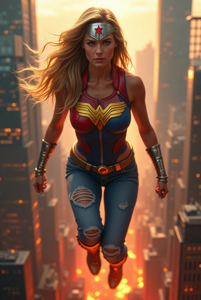 A beautiful woman with long blonde hair wearing a red and blue top with a yellow eagle-like emblem on her chest with ripped blue jeans, boots and gold bracelets, a silver headband with a red star on her forehead flying over an apocalyptic city skyscrapers on fire bloody and scary images