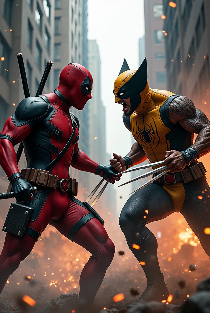 deadpool mix with wolverine fighting with spiderman
