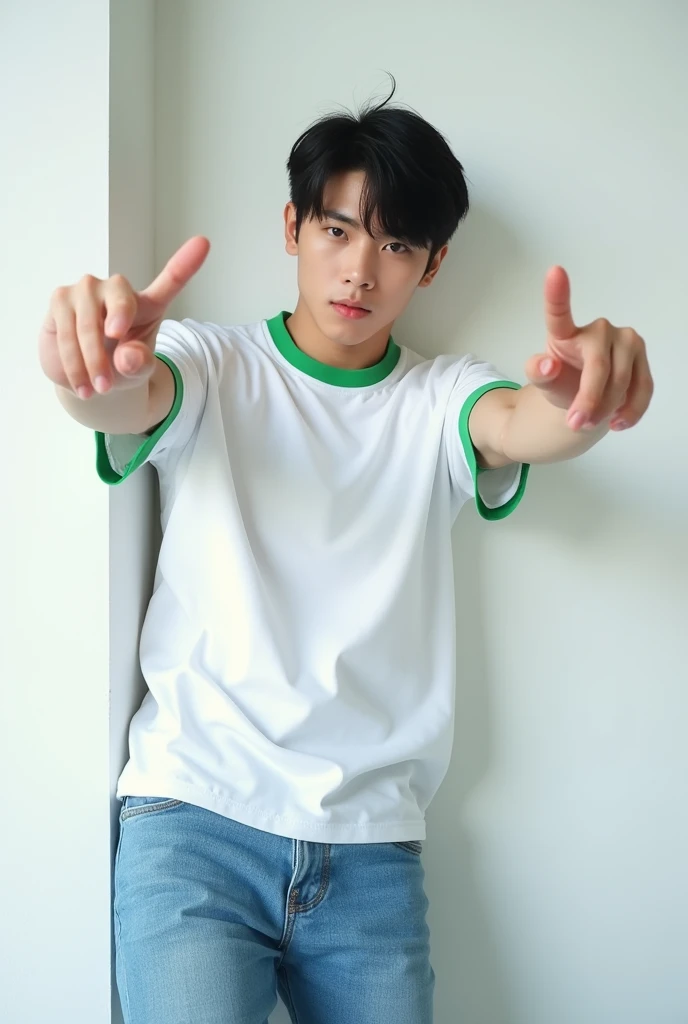 Realistic photo of a 22 year old Korean boy, neck length straight black hair, cute and very pretty face, thick lips, squashing eyes, Muscular and strong body, kpop idol, wearing a white shirt with green trim on the short sleeves tucked into loose baggy jeans, making hand gestures, leaning against the white wall with noises, posing to photo, POST for Instagram , looking straight ahead, Selfie