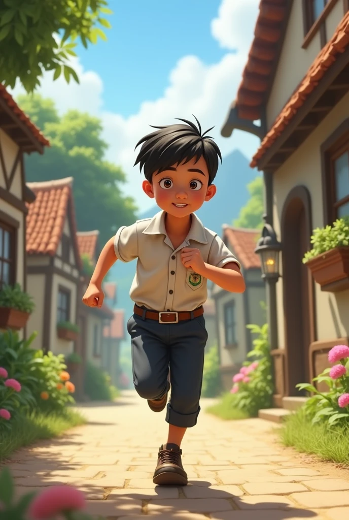 A running in the village. The village is very beautiful. The boy worn school dress.