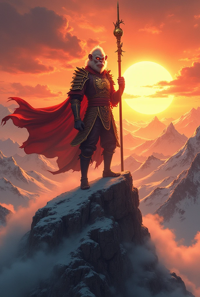 Sun Wukong stands on top of a mountain wearing samurai armor, raising his golden staff to the sky with a defiant look, In the background you can see a sunrise