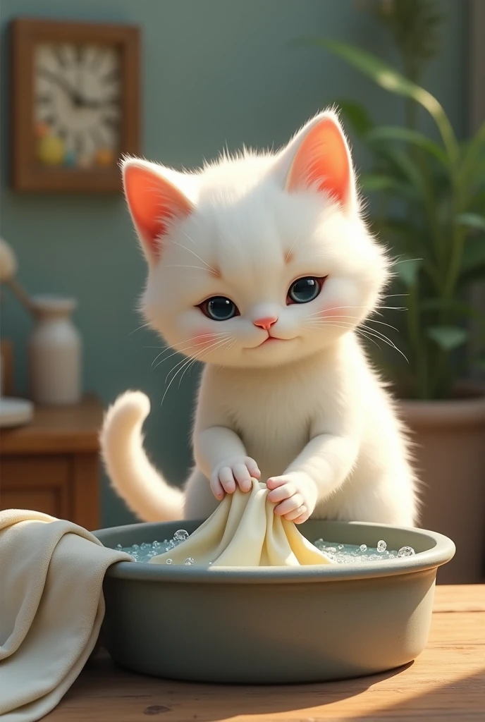 A beautiful white small cat washing clothes. 