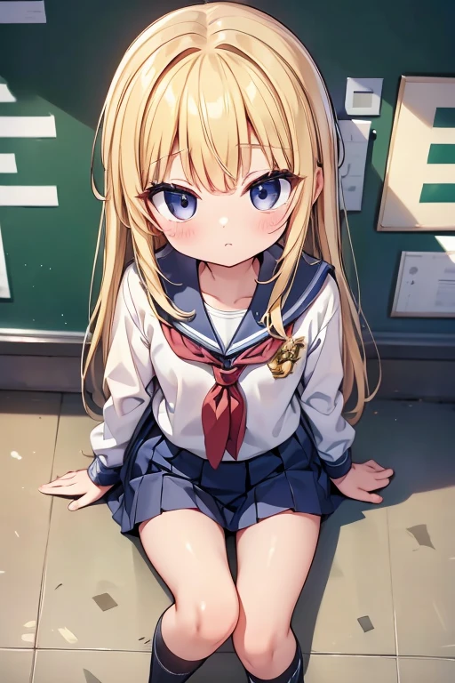 One person！！、Baby Face、((Young))、human、Height 100 cm、Long Hair、Blonde！、With bangs、small、((1st grade elementary school students))、Big eyes、barefoot、black eye、cute、Are thin、身長のsmall、体のsmall、Short legs、School uniforms、classroom、Get closer to the camera、squat、(Top View:1.6)、