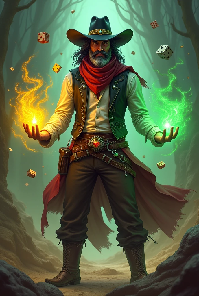 Hector stands at 1.75 meters, exuding a rugged charisma shaped by countless adventures. His long, dark hair, streaked with a striking line of white, frames a face marked by determination and youthful. A well-groomed beard, with hints of white, adds a touch of maturity without overshadowing his vitality. His deep brown eyes, sharp and reflective, burn with quiet resolve. A red scarf with intricate golden patterns drapes around his neck, complementing a white dress shirt and sleek black vest. Brown pants with a stone-adorned belt and silver-spurred boots complete his look. A black cowboy hat with a yellow band adds to his enigmatic aura. Hector wields two decks of cards—one glowing yellow, the other green—manifestations of his powerful magic. Deeply loyal to his allies and protective of his family, Hector stands as a beacon of hope and strength in a chaotic
A dramatic and epic scene of a character named Hector, a card dealer with a mysterious aura, standing in a dynamic, chaotic environment where elements of luck, chance, and randomness swirl around him. He is holding a deck of cards glowing with energy, while the background features a mix of Western and medieval elements—dice, cards, and symbols of fortune fly around in a whirlwind. The atmosphere is intense, with dark and moody colors, neon highlights, and an ethereal light casting a shadow over Hector, emphasizing his power. Hector's expression is one of confidence and focus, capturing the moment of his 'domain expansion' where he unleashes his full power in fantasy, rpgart
style