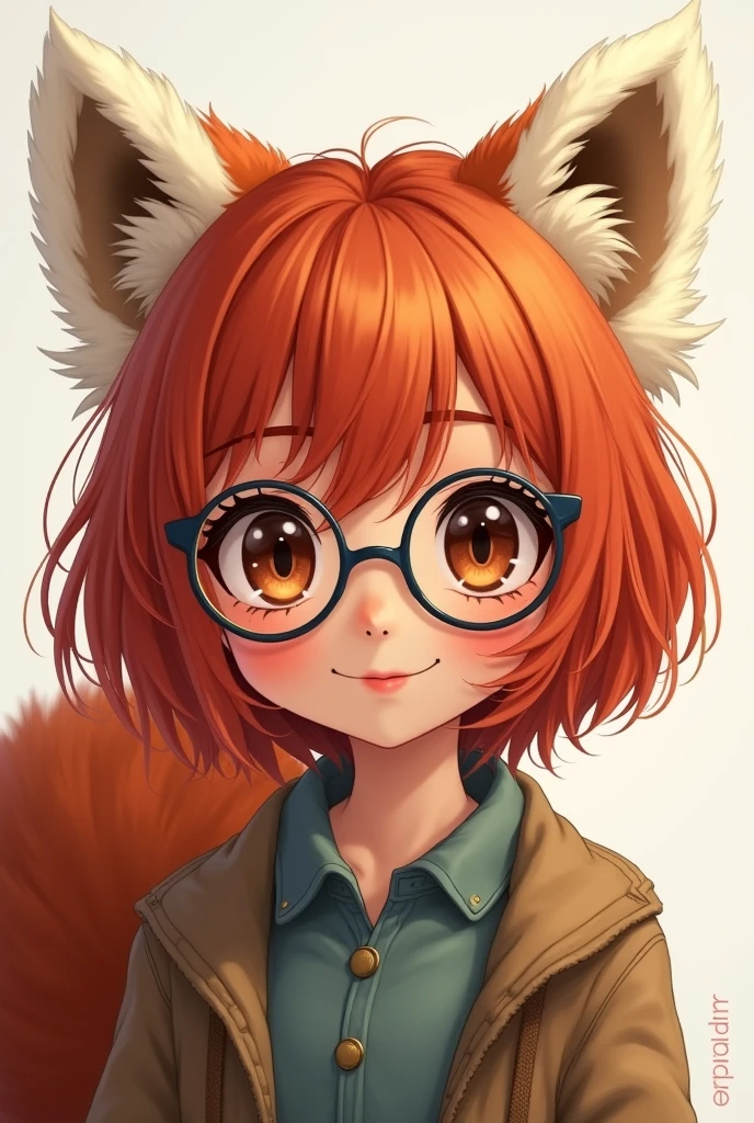 Girl with big eyes and red hair, wearing round glasses and a sweet smile with ears and tail of a red panda make her look twenty years old 
