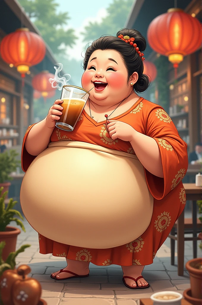 Drawing of Mrs. Nam drinking giant milk tea, Mrs. Nam must be plump in Vietnam