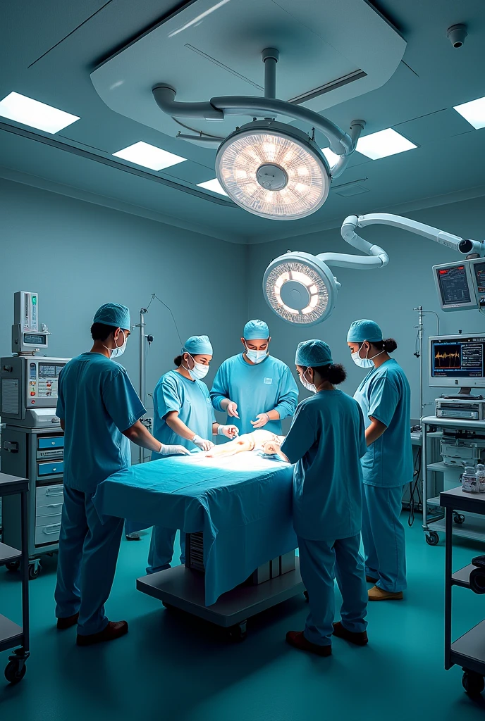 Image of a large operating room with all the team members with an anesthesiologist with an anesthesia machine, nursing assistant, Nurse, Physician Assistant, surgical instrumentation , , with all the equipment of a high complexity clinic