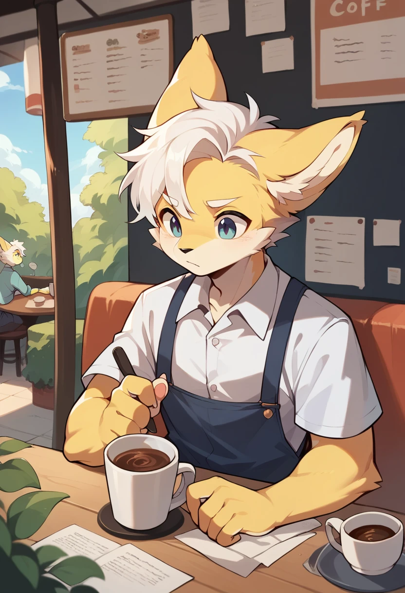 Very detailed,Ultra-high resolution,The boy who desired her always in detail,Ultra-high resolution,Yellow fur,(white hair,)Dropped ears,male,,Coffee by Byde,Cafe