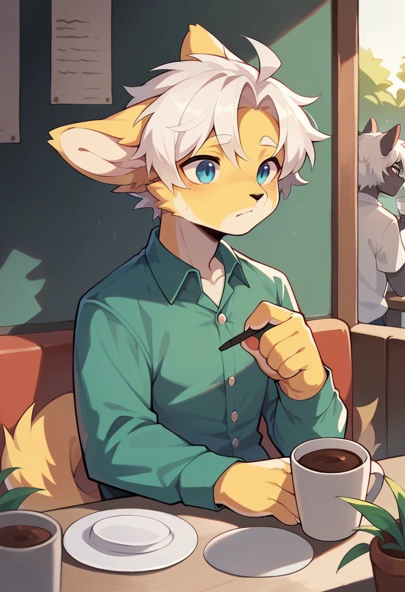(light blue fur, detailed fur, red eyes, white hair), cute, sitting, masterpiece, high resolution, 8k, detailed background, high quality, boy, male, (by Dagasi: 1.1), solo, apron, café, smile