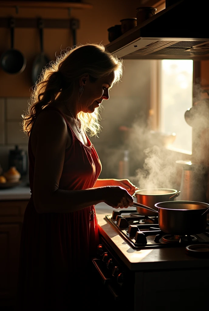 silhouette of a 67 year old hippy bohemian woman cooking



