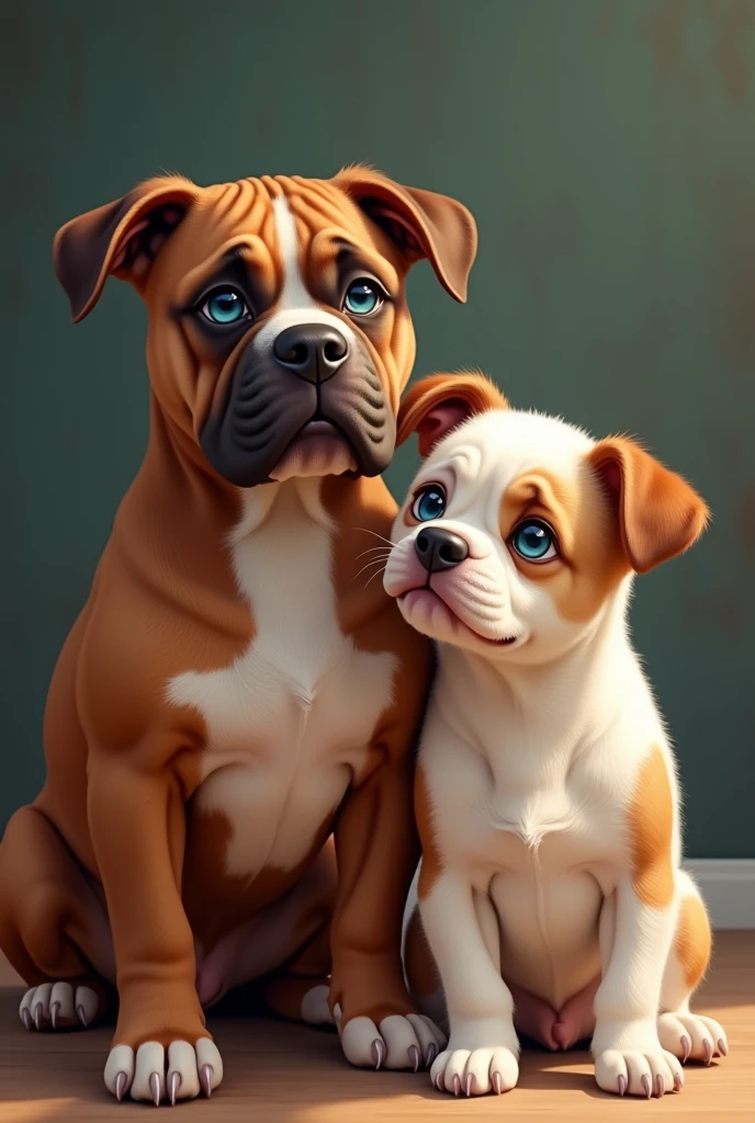 Image of a brown American bully dog with blue eyes next to a small white dog with brown spots