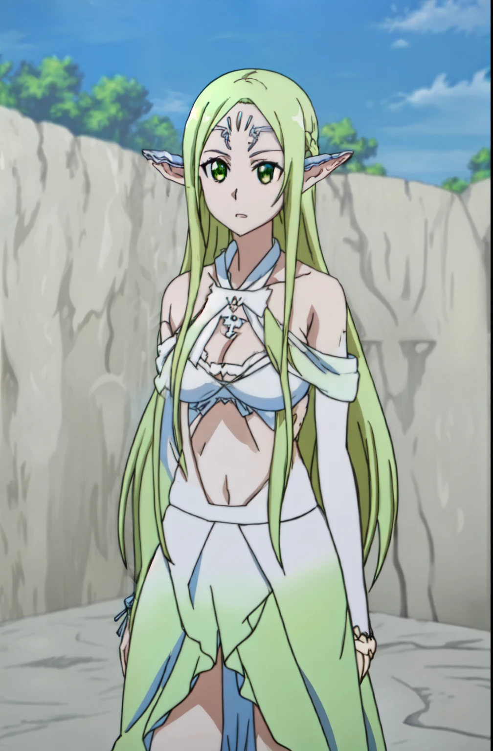 Masterpiece, beat quality, ((anime art style)), elf Girl, light green hair, elf ears, jade eye, (NPC_freyja), big breast, ((sky)), white bikini with gold details,  His disguise had long flowing, full body, beach_background. Details body, large breast, perfect hands, beach Walker, pose sexy, sun beach, full body,  visible legs, 