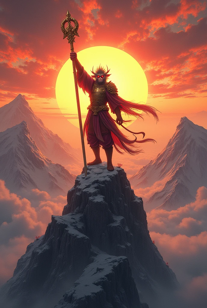 Sun Wukong stands on top of a mountain wearing samurai armor, raising his golden staff to the sky with a defiant look, In the background you can see a sunrise