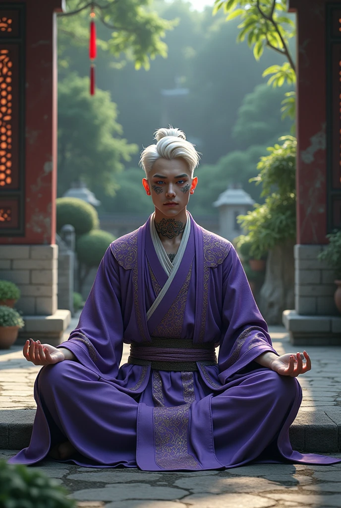 Young man with white hair, the violet eyes, violet tattoos on face, Ancient Chinese clothing and meditating at a shrine.