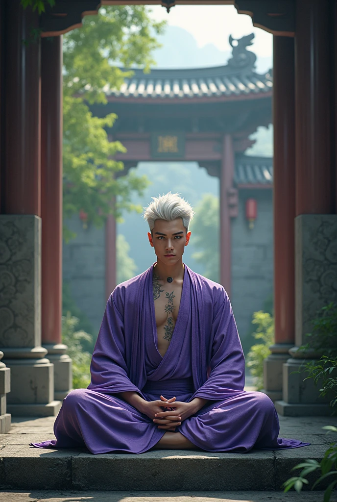 Young man with white hair, the violet eyes, violet tattoos on face, Ancient Chinese clothing and meditating at a shrine.