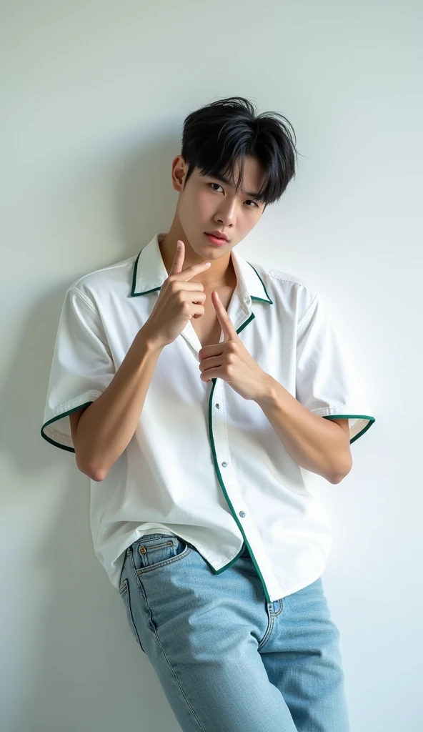 Realistic photo of a 22 year old Korean boy, neck length straight black hair, cute and very pretty face, thick lips, squashing eyes, Muscular and strong body, kpop idol, wearing a white shirt with green trim on the short sleeves tucked into loose baggy jeans, making hand gestures, leaning against the white wall with noises, posing to photo, POST for Instagram , looking straight ahead, Selfie